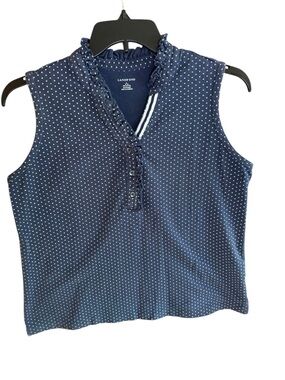 Lands' End Women's Navy Blue Polka Dot Sleeveless Ruffle Neck Polo Top Size L
